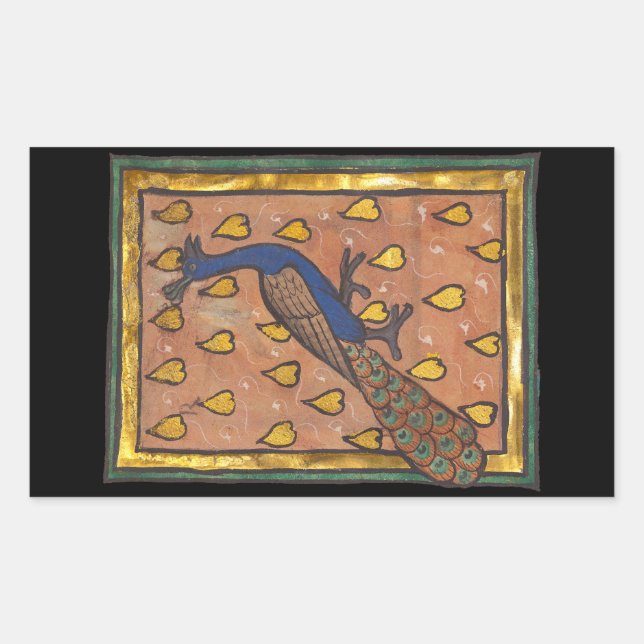Sticker Rectangulaire Paon du bestiaire médiéval c. 1270 (Devant)