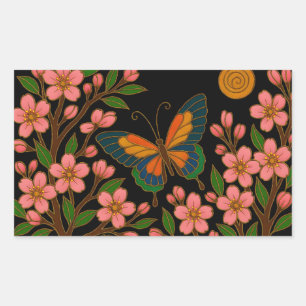Sticker Rectangulaire Papillon Fleur de Cerisier Lune