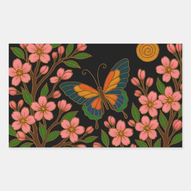 Sticker Rectangulaire Papillon Fleur de Cerisier Lune (Devant)