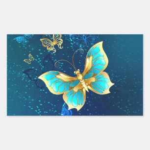 Sticker Rectangulaire Papillons d'or sur un Arrière - plan bleu