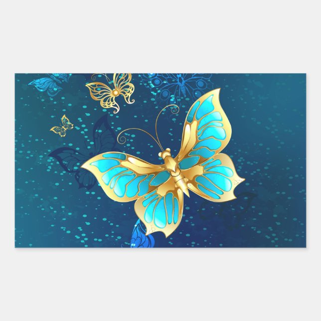 Sticker Rectangulaire Papillons dorés sur fond bleu (Devant)