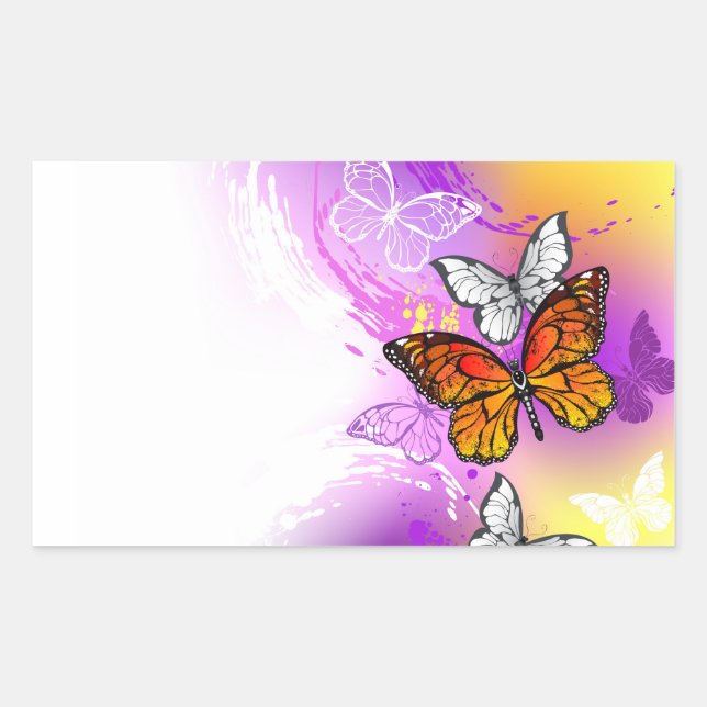 Sticker Rectangulaire Papillons Monarque sur Arrière - plan pourpre (Devant)