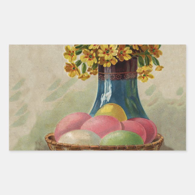 Sticker Rectangulaire Pâques Panier Œufs Fleurs Antique (Devant)