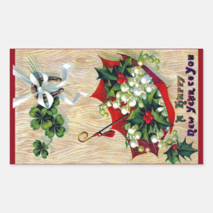 Sticker Rectangulaire Parapluie rouge, Holly et Shamrock Nouvel An Vinta