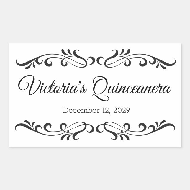 Sticker Rectangulaire Parchemins noirs, logo Quinceanera personnalisé (Devant)