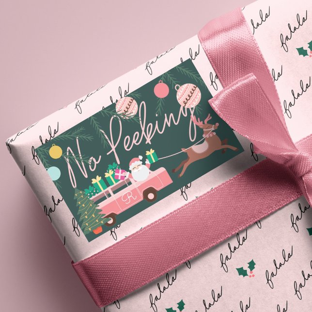 Sticker Rectangulaire Pas de Peeeer rose Noël Van Père Noël & Reindeer (No Peeking Pink Christmas Van Santa & Reindeer Rectangular Sticker)