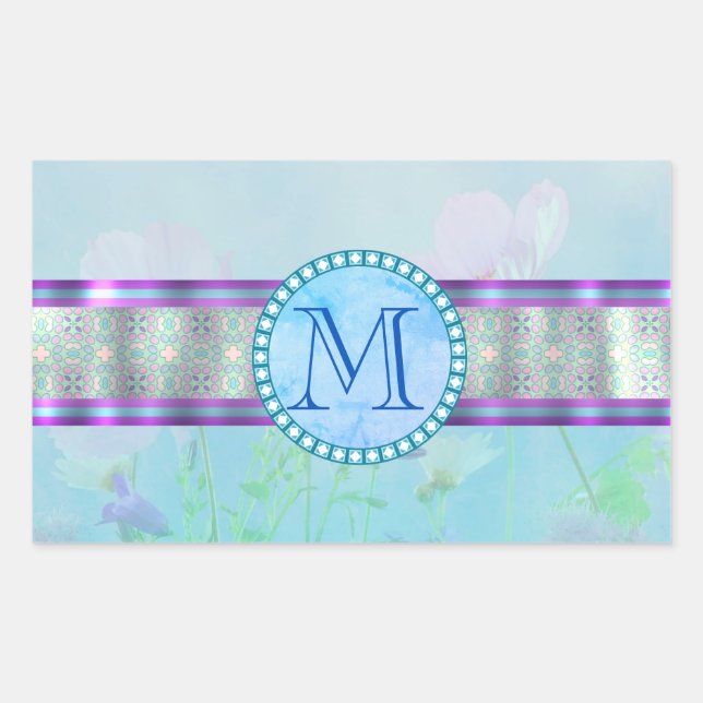 Sticker Rectangulaire Pastel Blue Floral Monogramme (Devant)