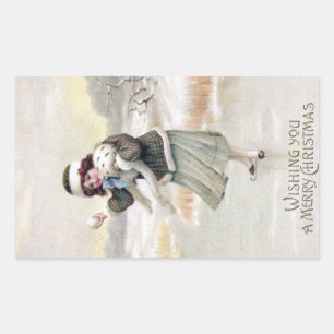 Sticker Rectangulaire Patinage sur glace à l'ancienne Noël