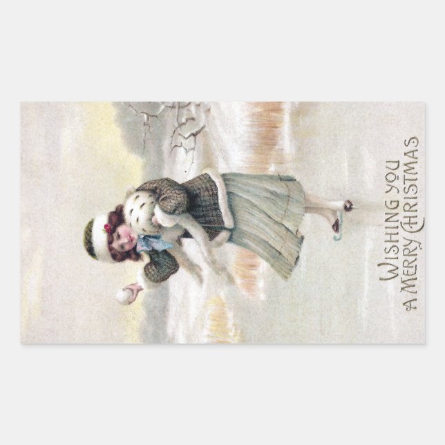 Sticker Rectangulaire Patinage sur glace à l'ancienne Noël (Devant)