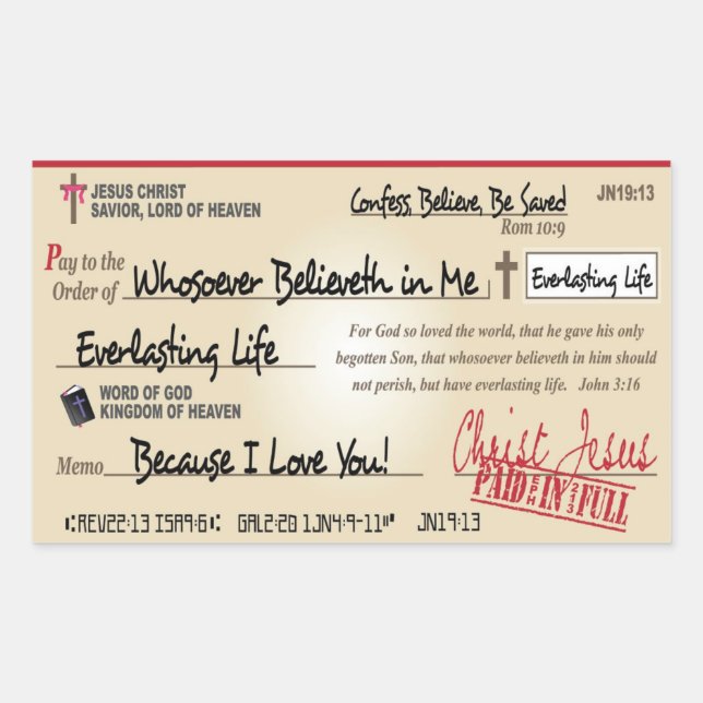 Sticker Rectangulaire Payé en entier sauvé par Jésus Check Christian (Devant)