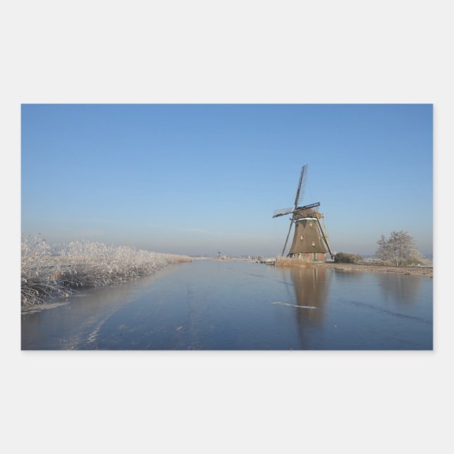 Sticker Rectangulaire Paysage hivernal avec moulin à vent et glace (Devant)