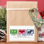 Sticker Rectangulaire Peace Love Engineering Company Custom Christmas<br><div class="desc">Un autocollant de vacances de l'ingénieur cool avec un signe de paix,  le coeur et les engrenages. Mignons autocollants de Noël personnalisables pour une société d'ingénierie. Peace Love Engineering.</div>