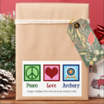 Sticker Rectangulaire Peace Love tir à l'arc Custom Christmas<br><div class="desc">Bons autocollants-cadeaux personnalisés pour le tir à l'arc. Belle auto-collant personnalisé Peace Love Archery avec un signe vert de paix,  un coeur rouge et une cible pour un archer.</div>