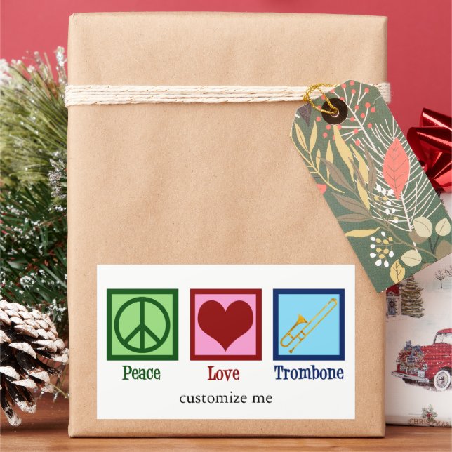 Sticker Rectangulaire Peace Love Trombone Player Cute Custom (vacances)