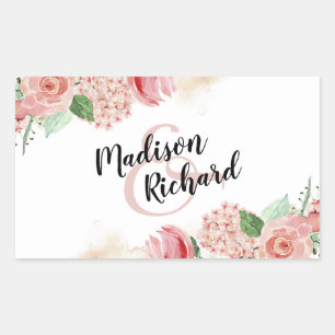 Sticker Rectangulaire Peach Watercolor Floral Bordure Mariage Monogramme