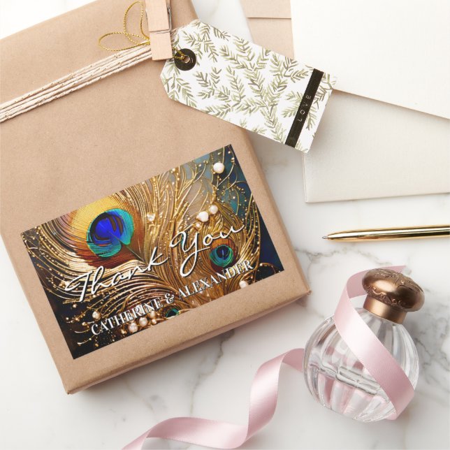 Sticker Rectangulaire Peacock thank you wedding feathers plumage (Cadeaux)
