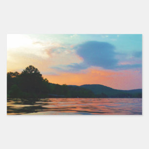 Sticker Rectangulaire Pêche et coucher de soleil sur le lac de montagne