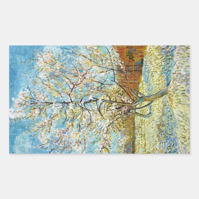 Sticker Rectangulaire Pêcher les arbres en fleurs Vincent Van Gogh (Devant)