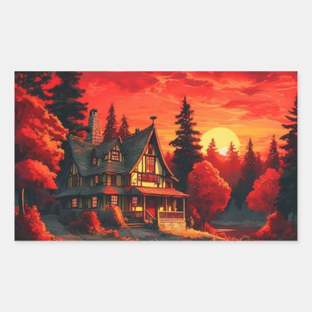 Sticker Rectangulaire Peinture coucher de soleil avec chalet et lac-6663 (Devant)