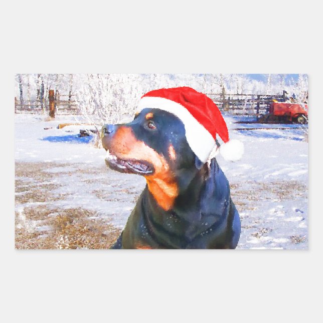 Sticker Rectangulaire Peinture de Noël de chien Rottweiler (Devant)