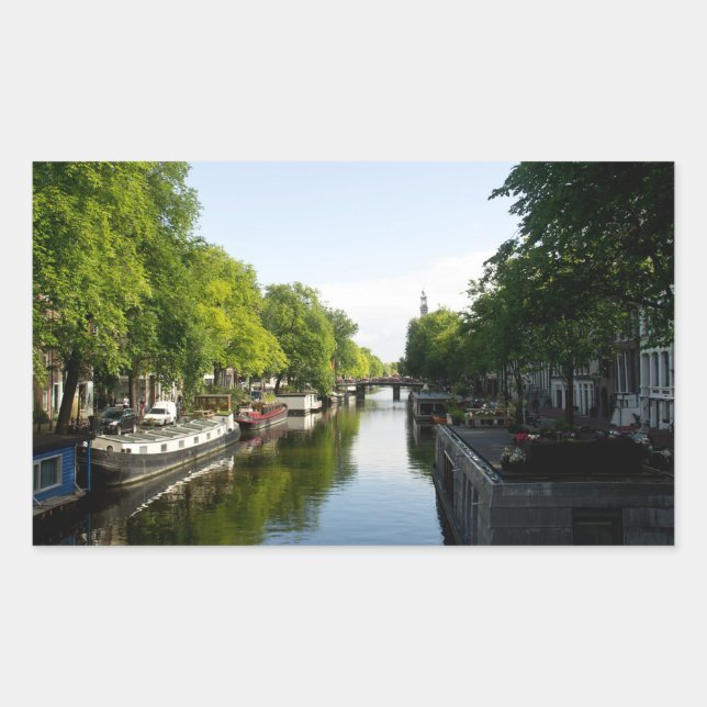 Sticker Rectangulaire Péniches sur un canal d'Amsterdam (Devant)