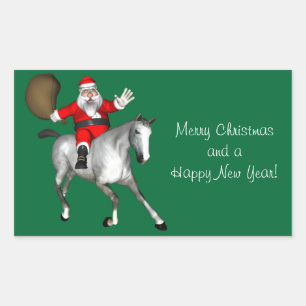Sticker Rectangulaire Père Noël chevauchant un cheval gris
