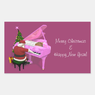 Sticker Rectangulaire Père Noël joue du piano rose