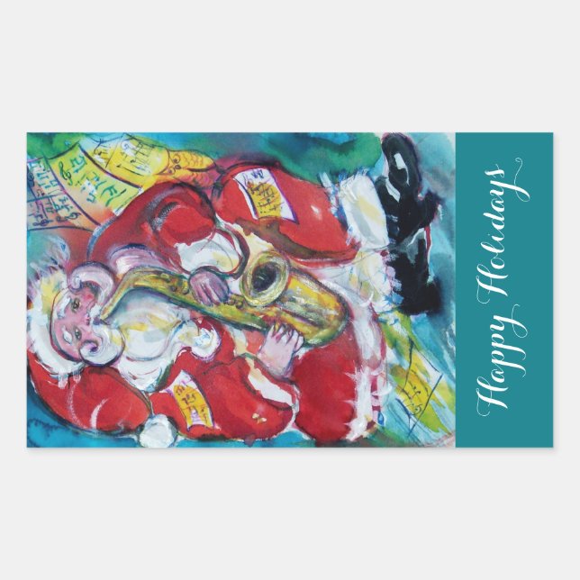 STICKER RECTANGULAIRE PÈRE NOËL & SAX, PARTI MUSICAL DE NOËL (Devant)