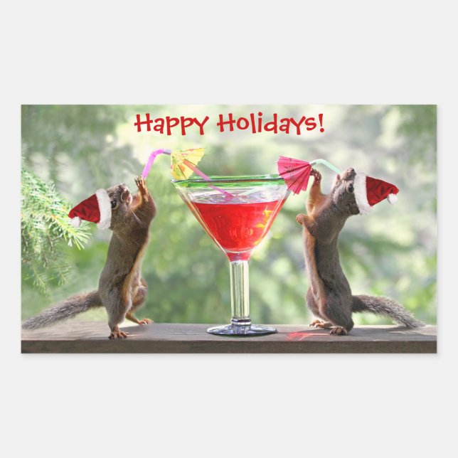 Sticker Rectangulaire Père Noël Squirrels Boire un Cocktail (Devant)