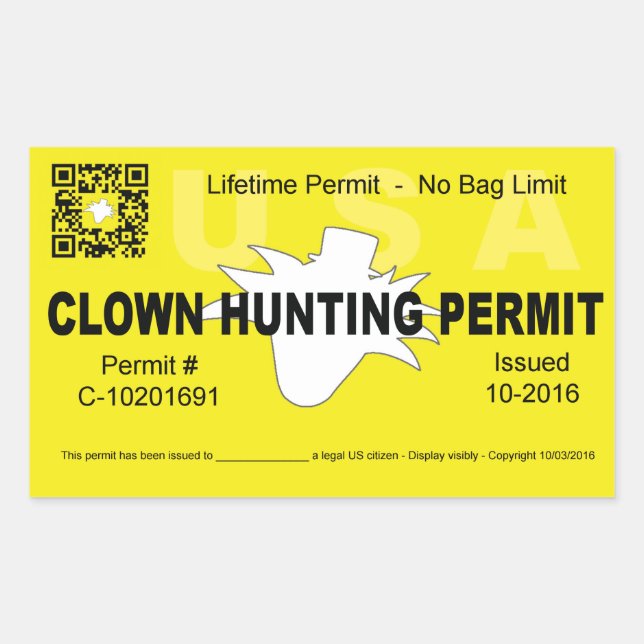 Sticker Rectangulaire Permis de chasse aux clowns (4x) (Jaune) (Devant)