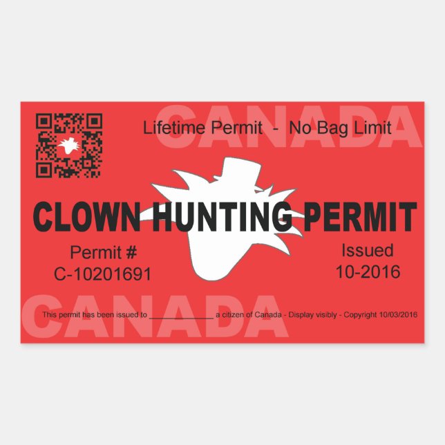 Sticker Rectangulaire Permis de chasse aux clowns canadiens (4x) (Devant)