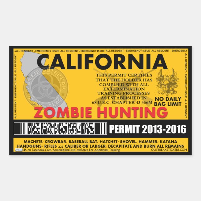 Sticker Rectangulaire Permis de chasse zombie Californie (Devant)