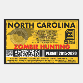 Sticker Rectangulaire Permis de chasse zombie Caroline du Nord