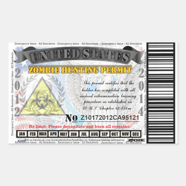 Sticker Rectangulaire Permis de chasse Zombie Elite (Devant)