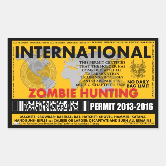 Sticker Rectangulaire Permis de chasse zombie international (Devant)
