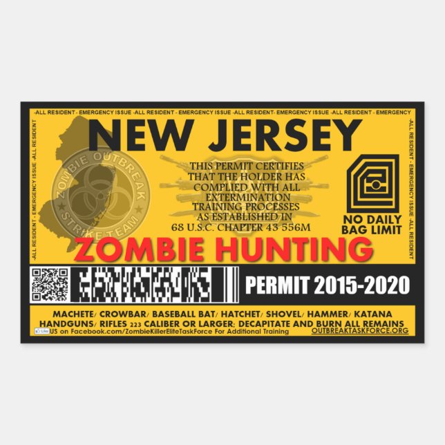 Sticker Rectangulaire Permis de chasse zombie New Jersey (Devant)