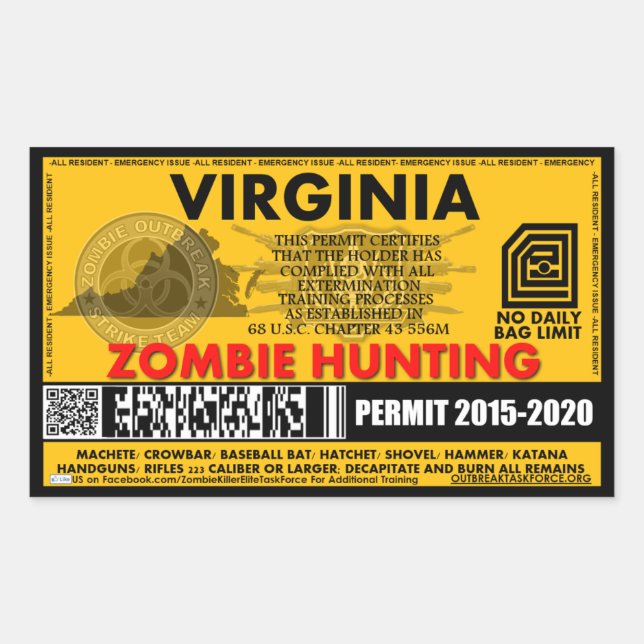 Sticker Rectangulaire Permis de chasse zombie Virginie (Devant)