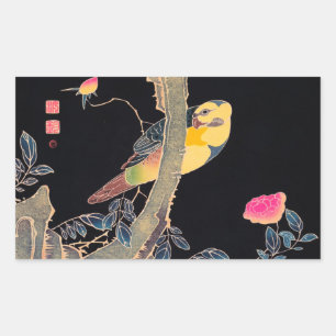 Sticker Rectangulaire Perroquet sur la branche d'un Rose en fleurs Bush