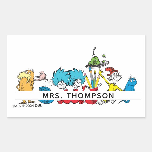 Sticker Rectangulaire Personnages de Dr Seuss et nom de l'enseignant (Devant)