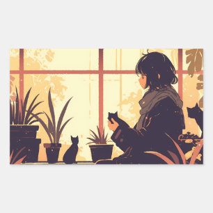 Sticker Rectangulaire Petite fille Anime avec chats près de la fenêtre