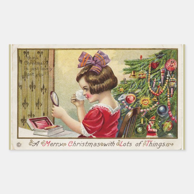 Sticker Rectangulaire Petite fille avec miroir de maquillage Noël (Devant)