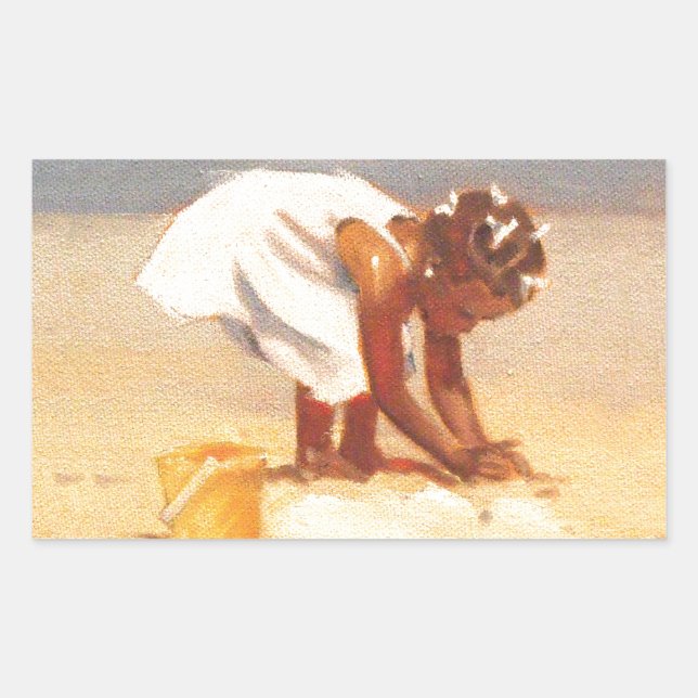 Sticker Rectangulaire Petite fille mignonne jouant dans le sable (Devant)