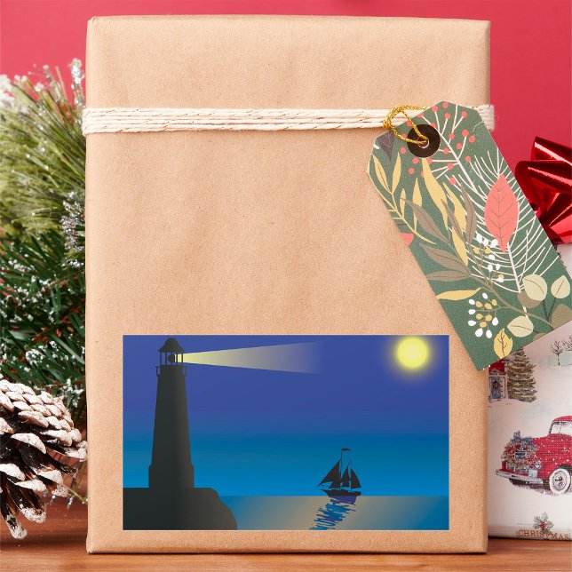 Sticker Rectangulaire Phare et voilier à Night Moonlit Ocean (Créateur téléchargé)