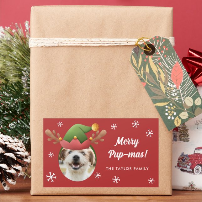 Sticker Rectangulaire Photo de chien avec Elf Reindeer Antler Casquette  (vacances)