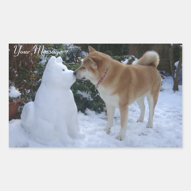Sticker Rectangulaire photo de mignon akita baiser bonhomme de neige aki (Devant)
