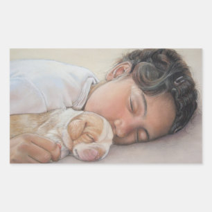 Sticker Rectangulaire photo très mignonne de chiot beagle et enfant