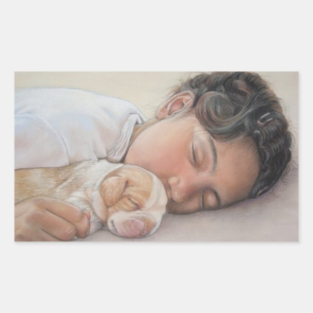 Sticker Rectangulaire photo très mignonne de chiot beagle et enfant (Devant)