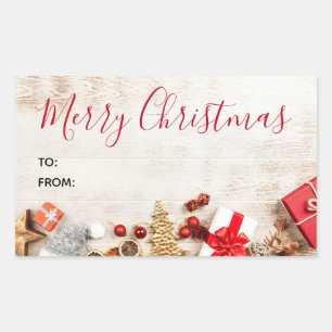Sticker Rectangulaire Photographie en bois rustique avec objets de Noël