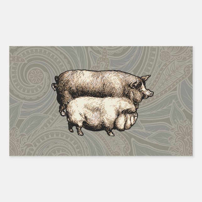 Sticker Rectangulaire Pig Farm Pays Antique Illustration Art (Devant)