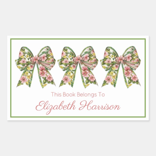 Sticker Rectangulaire Pink and Green Floral Personalized Bookplate (Devant)
